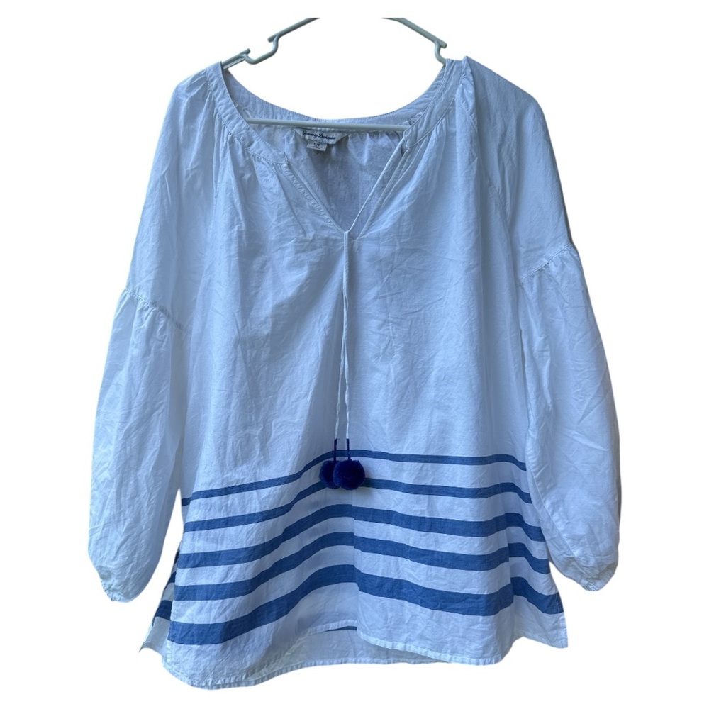 Tommy Bahama Blue and White Striped Women's Top L